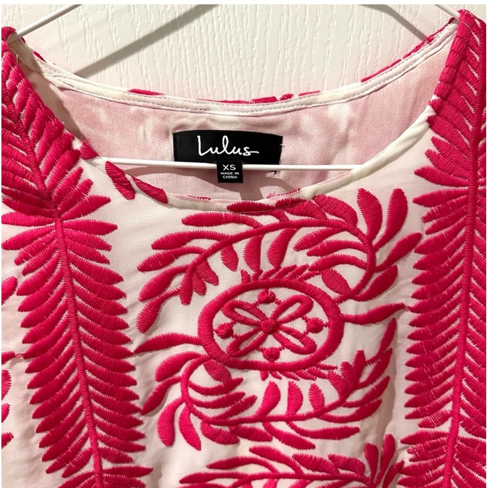 Lulu's Fond of You Hot Pink Embroidered Short Sleeve Shift Dress Sz XS - Picture 6 of 12